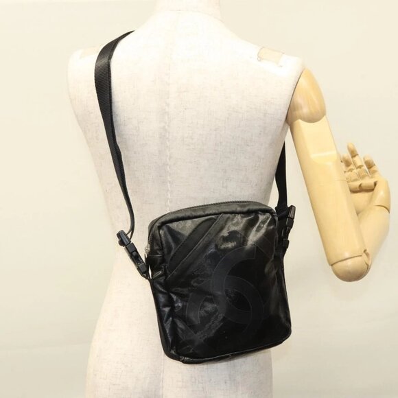 CHANEL Sports Shoulder Bag Coated Canvas Black CC Auth - Picture 1 of 16